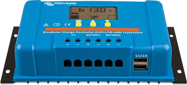 Blue solar charge controller with digital display on a white background