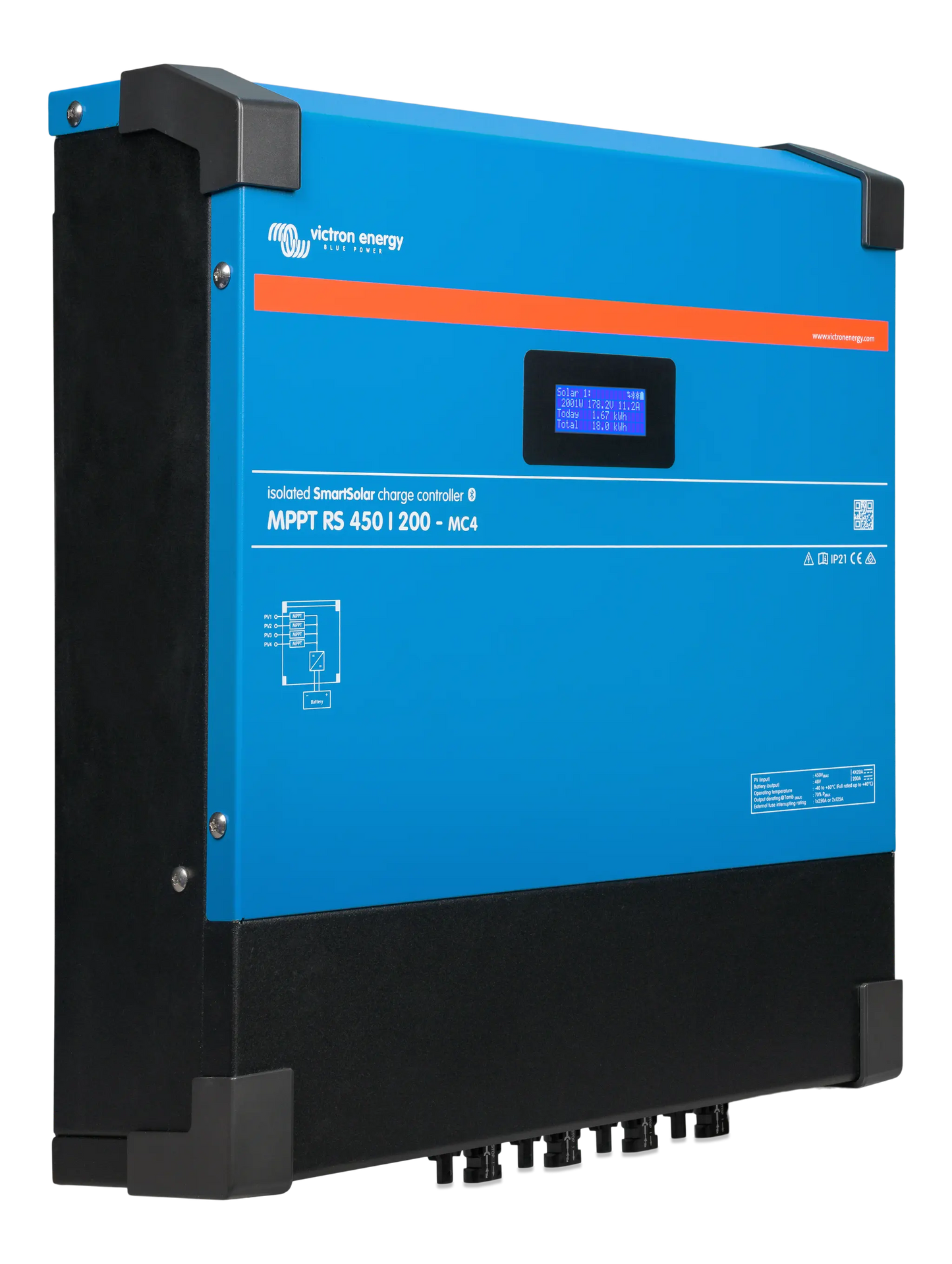 Blue and black Victron Energy power station on a white background