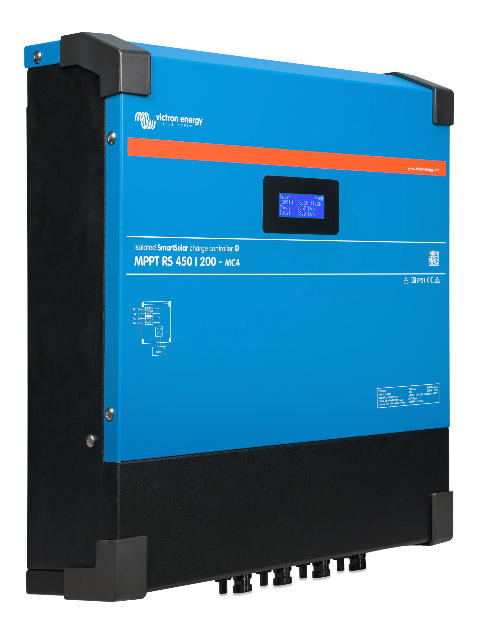 Blue and black Victron Energy power station on a white background