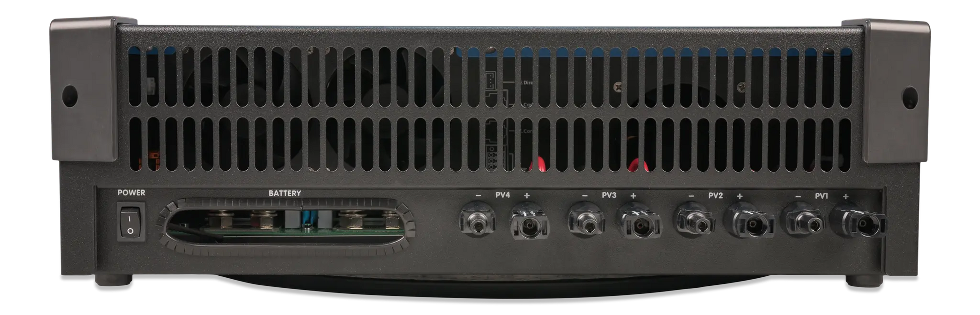 Black electronic device with various ports and labels on a white background