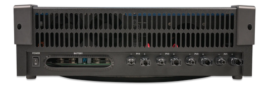 Black electronic device with various ports and labels on a white background