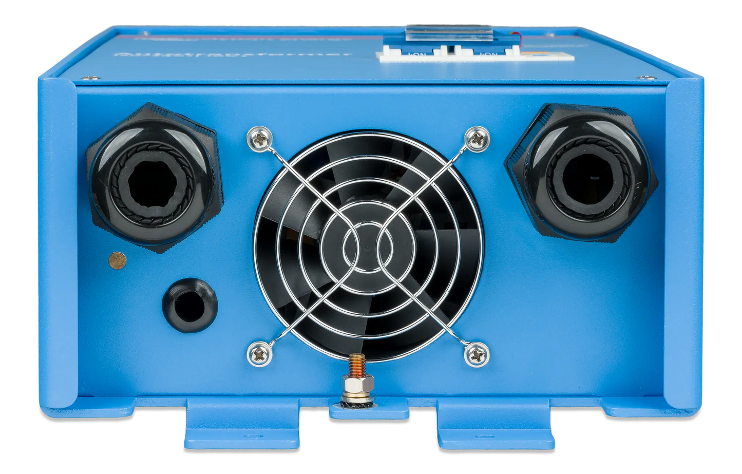 Blue electronic device with a fan and connectors on a white background