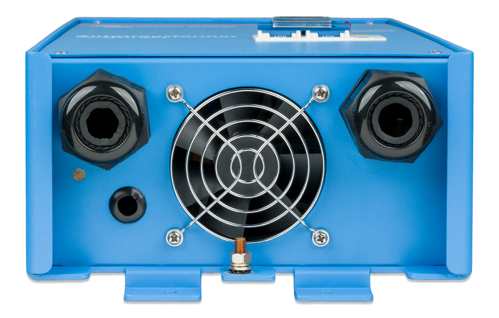 Blue electronic device with a fan and connectors on a white background