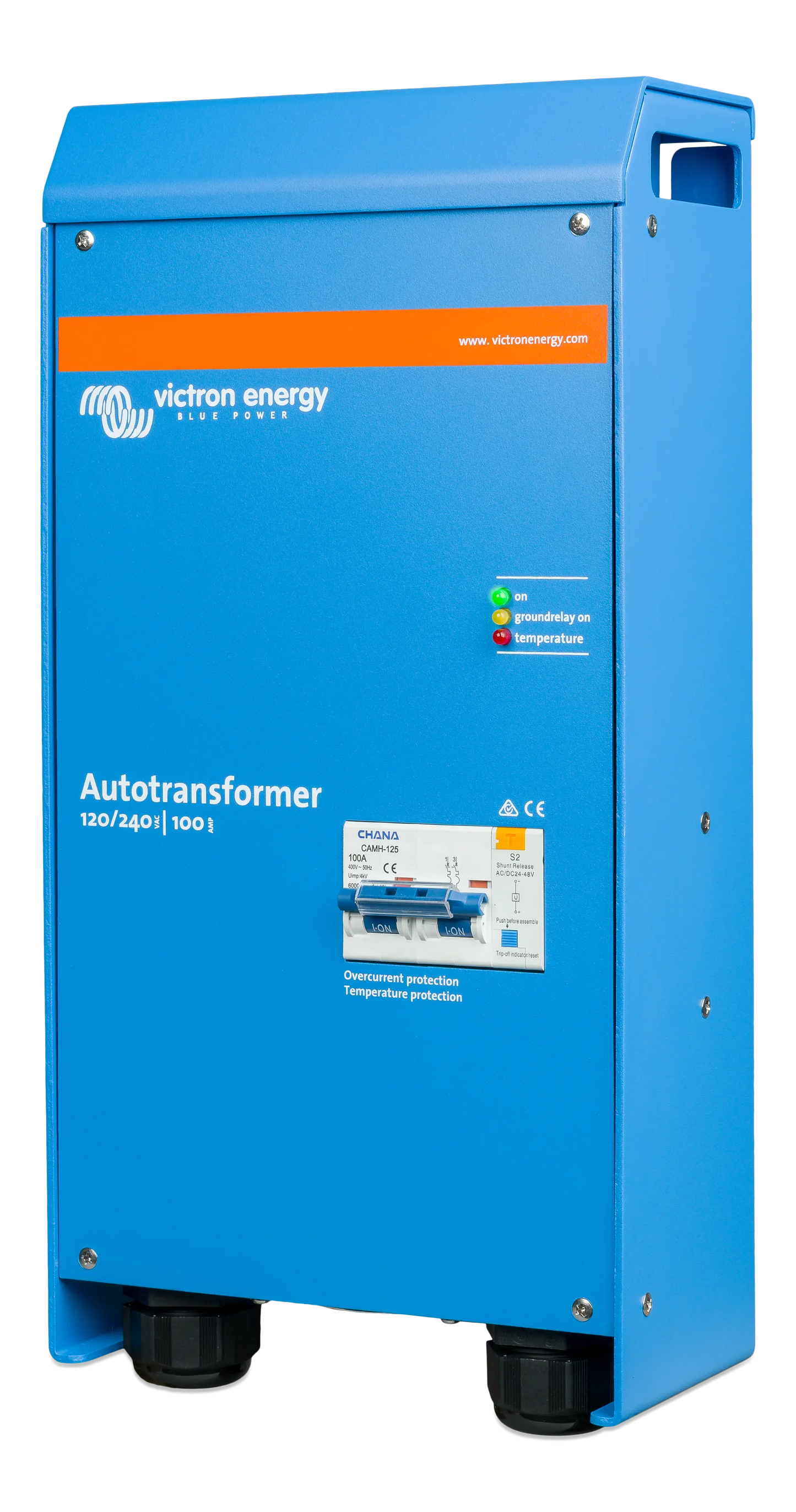 Blue Victron Energy autotransformer on a white background