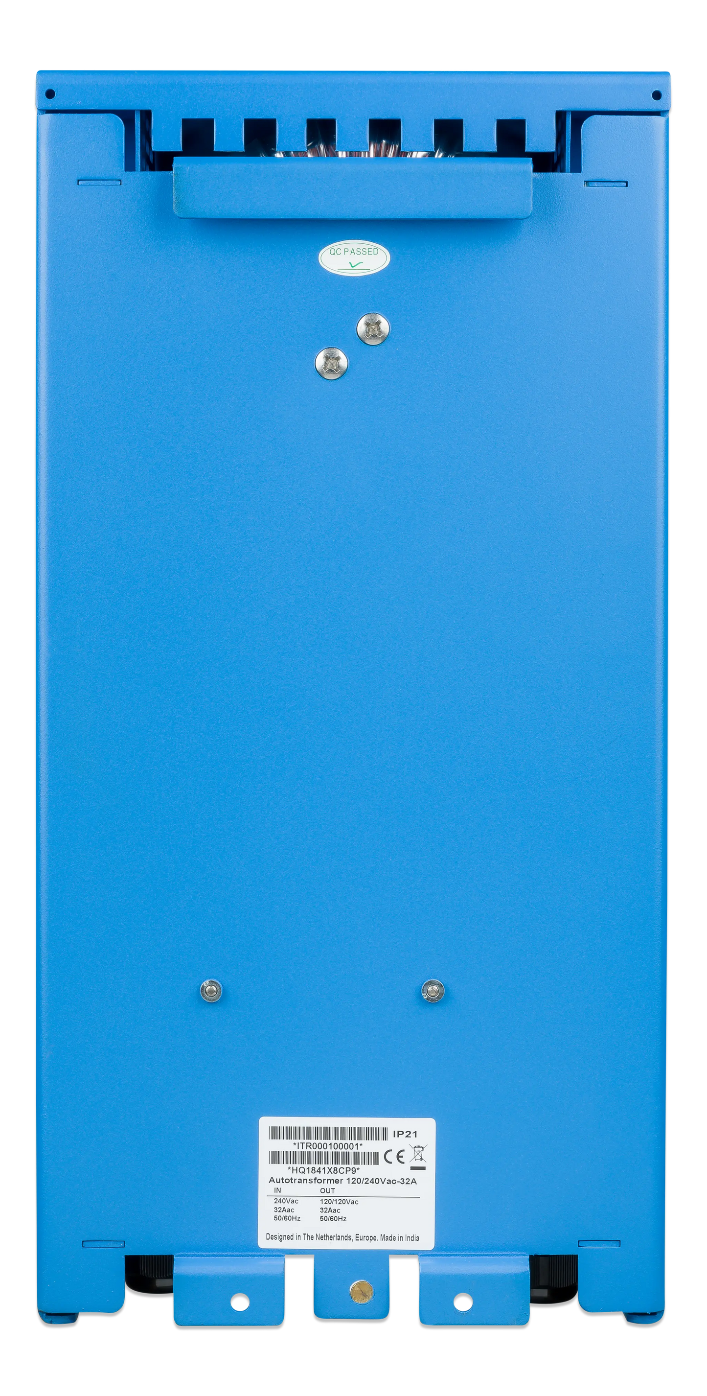 Blue electronic device with a label on a white background