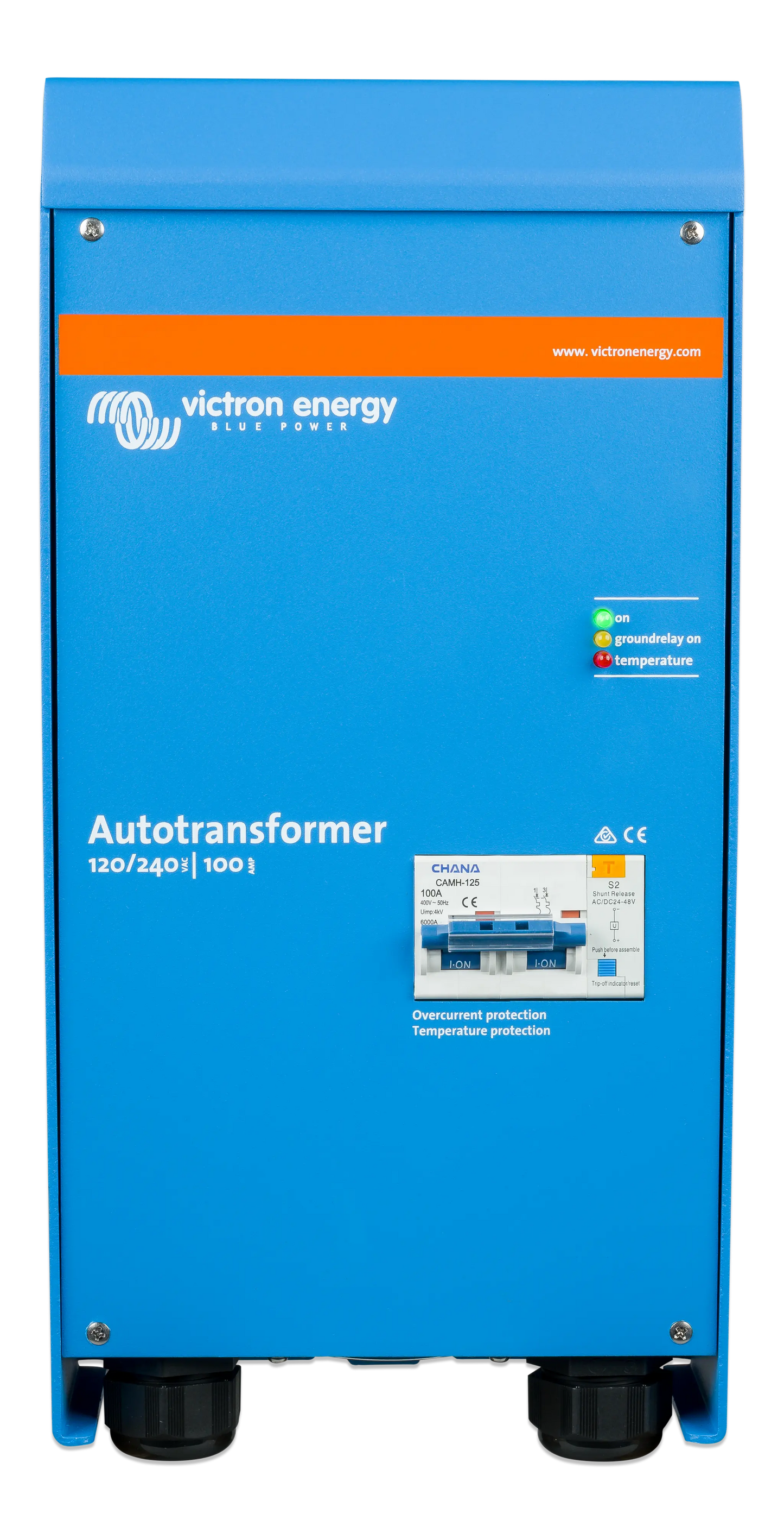 Blue Victron Energy autotransformer with branding and specifications on a white background