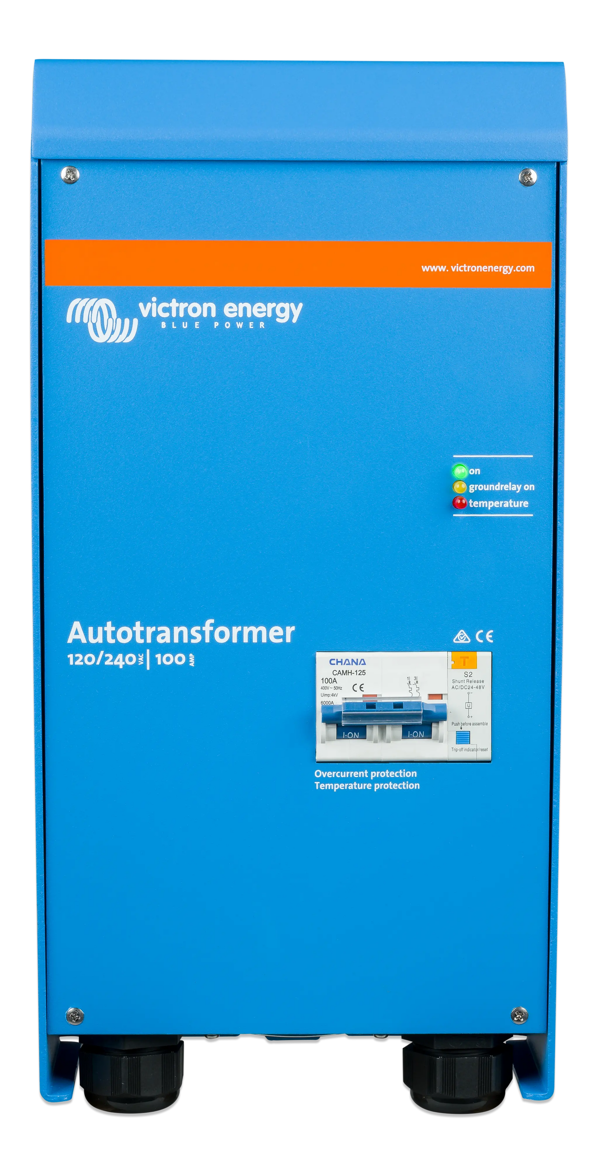 Blue Victron Energy autotransformer with branding and specifications on a white background