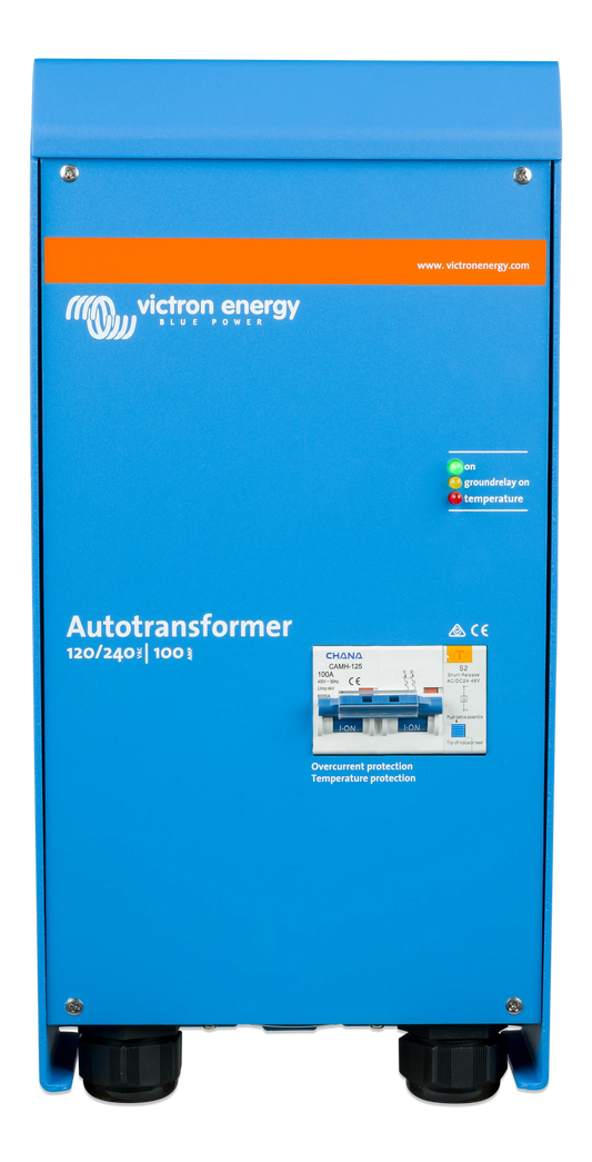 Blue Victron Energy autotransformer with branding and specifications on a white background