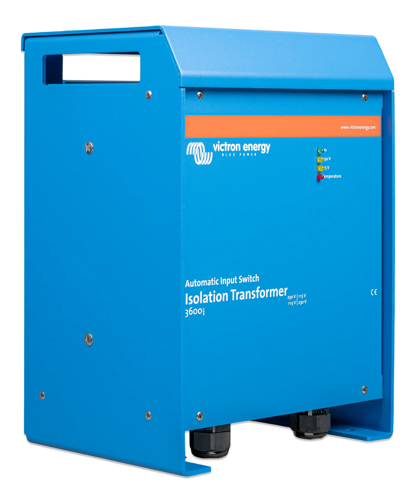 Blue isolation transformer with Victron Energy branding on a white background