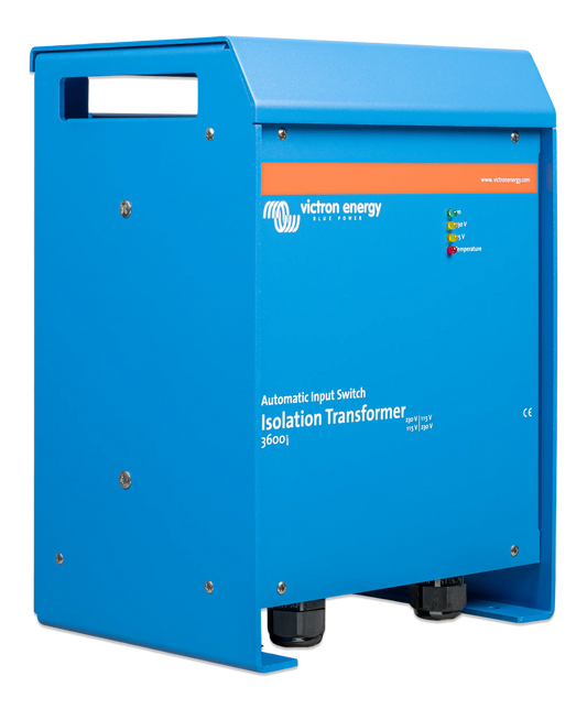 Blue isolation transformer with Victron Energy branding on a white background