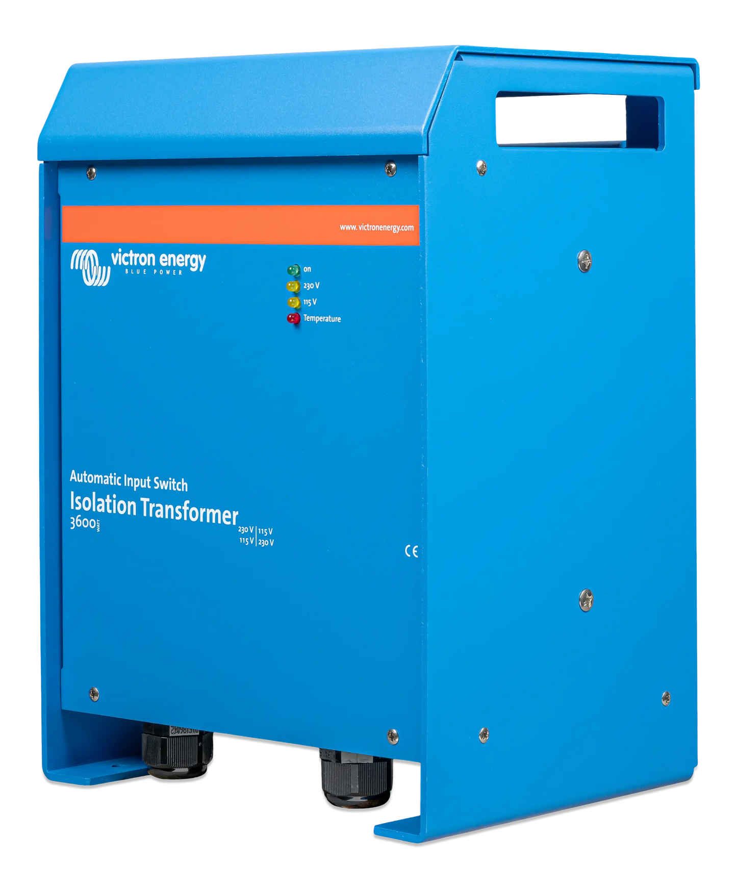 Blue isolation transformer with Victron Energy branding on a white background