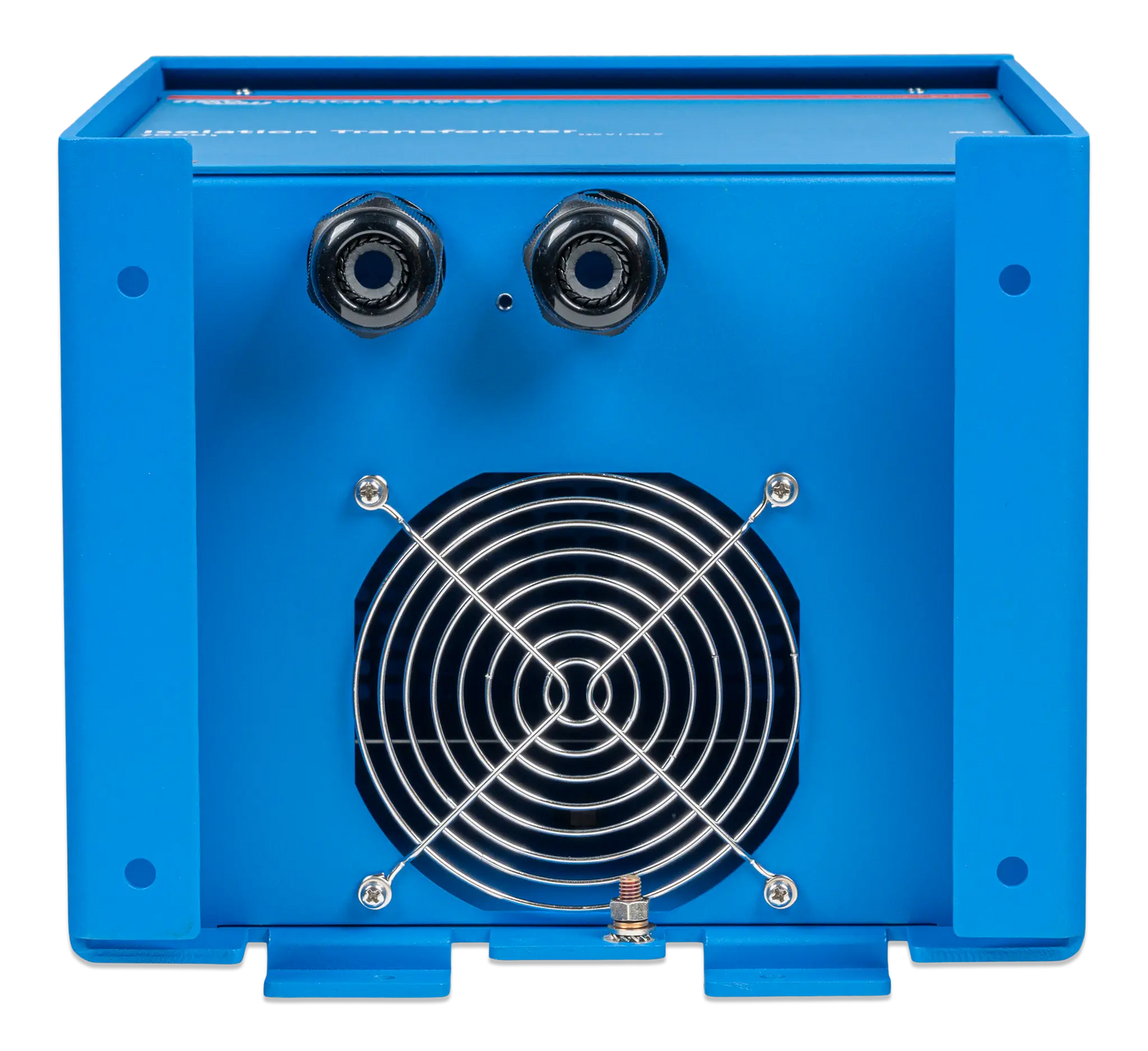 Blue metal box with a fan and two cylindrical components on a white background