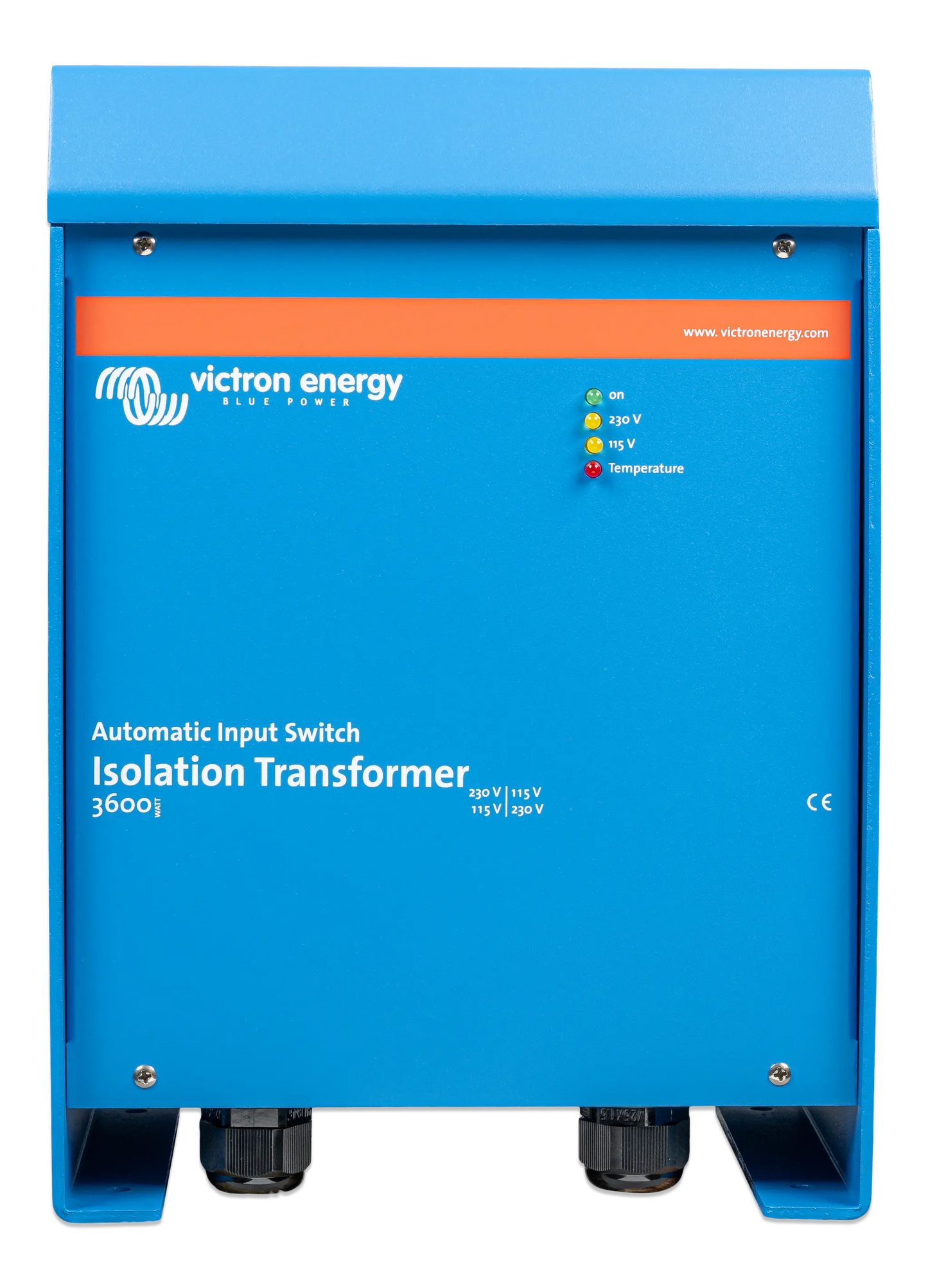 Blue isolation transformer with Victron Energy branding on a white background