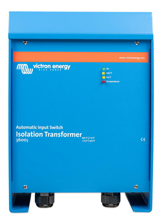 Blue isolation transformer with Victron Energy branding on a white background