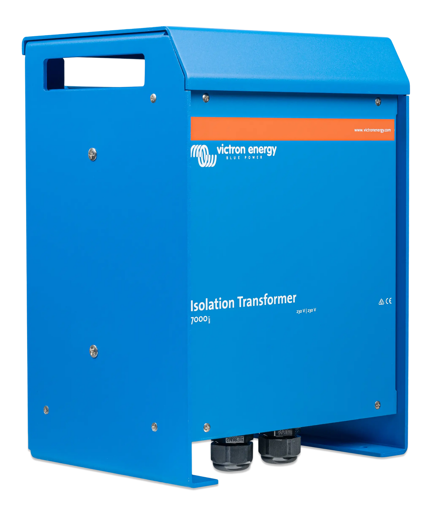 Blue isolation transformer with Victron Energy branding on a white background