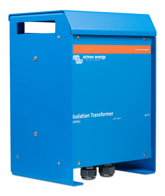 Blue isolation transformer with Victron Energy branding on a white background
