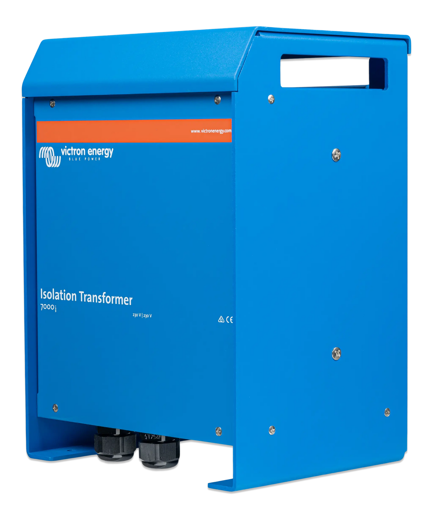 Blue isolation transformer with Victron Energy branding on a white background