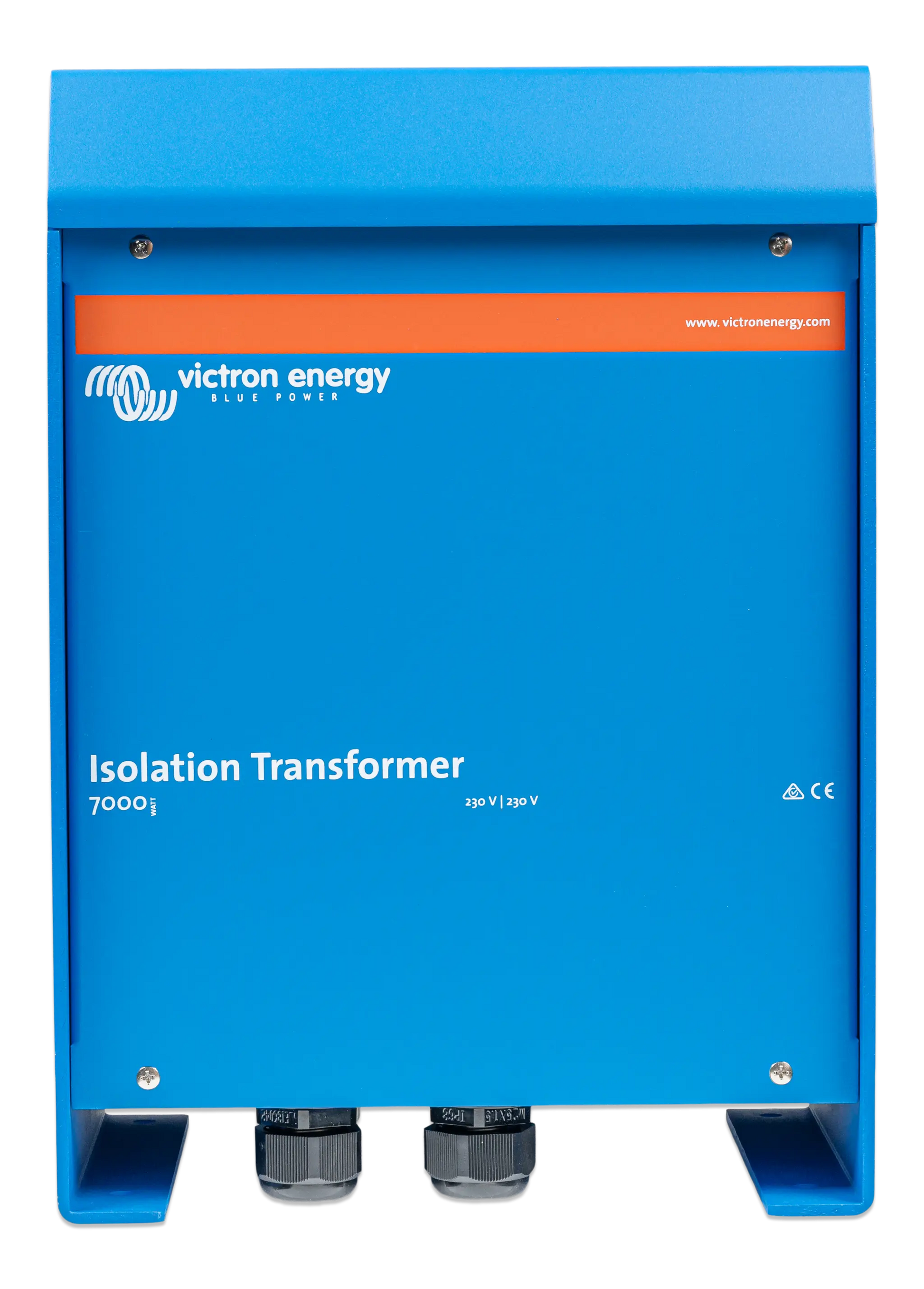 Blue Victron Energy isolation transformer with visible branding on a white background