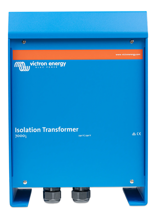 Blue Victron Energy isolation transformer with visible branding on a white background