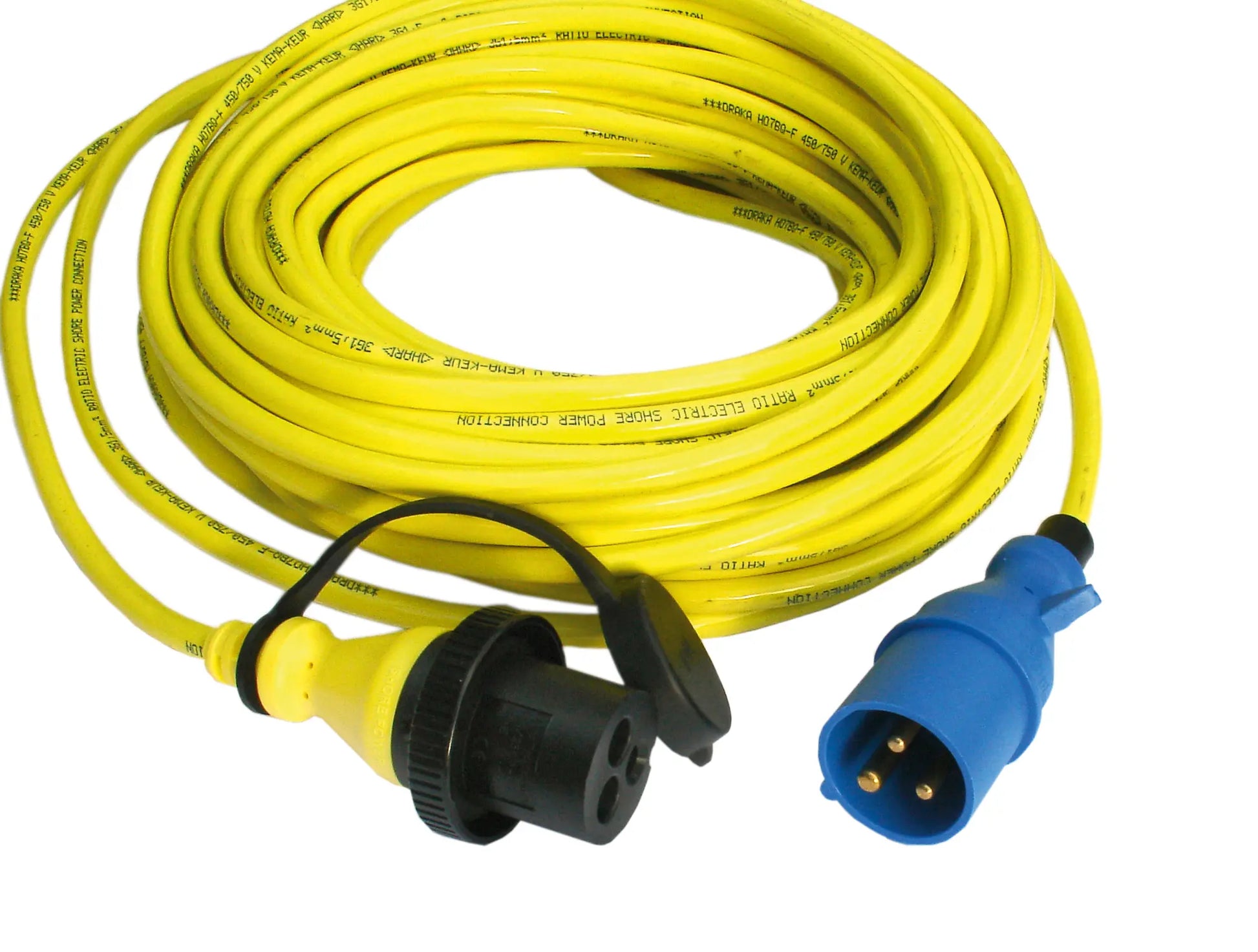 Yellow extension cord with black and blue plugs on a white background