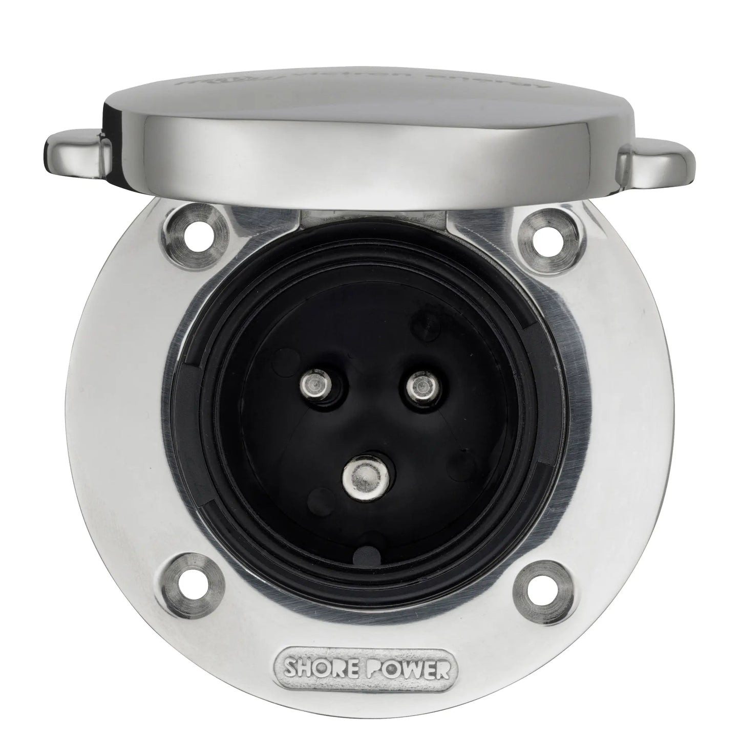 Metallic electrical socket with 'Shore Power' branding on a white background