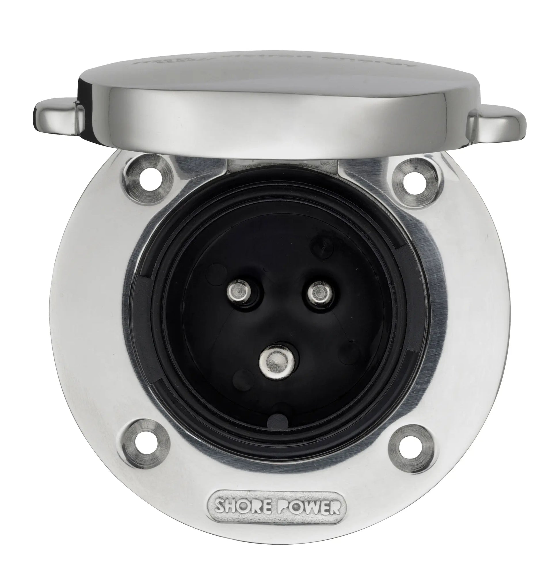 Metallic electrical socket with 'Shore Power' branding on a white background