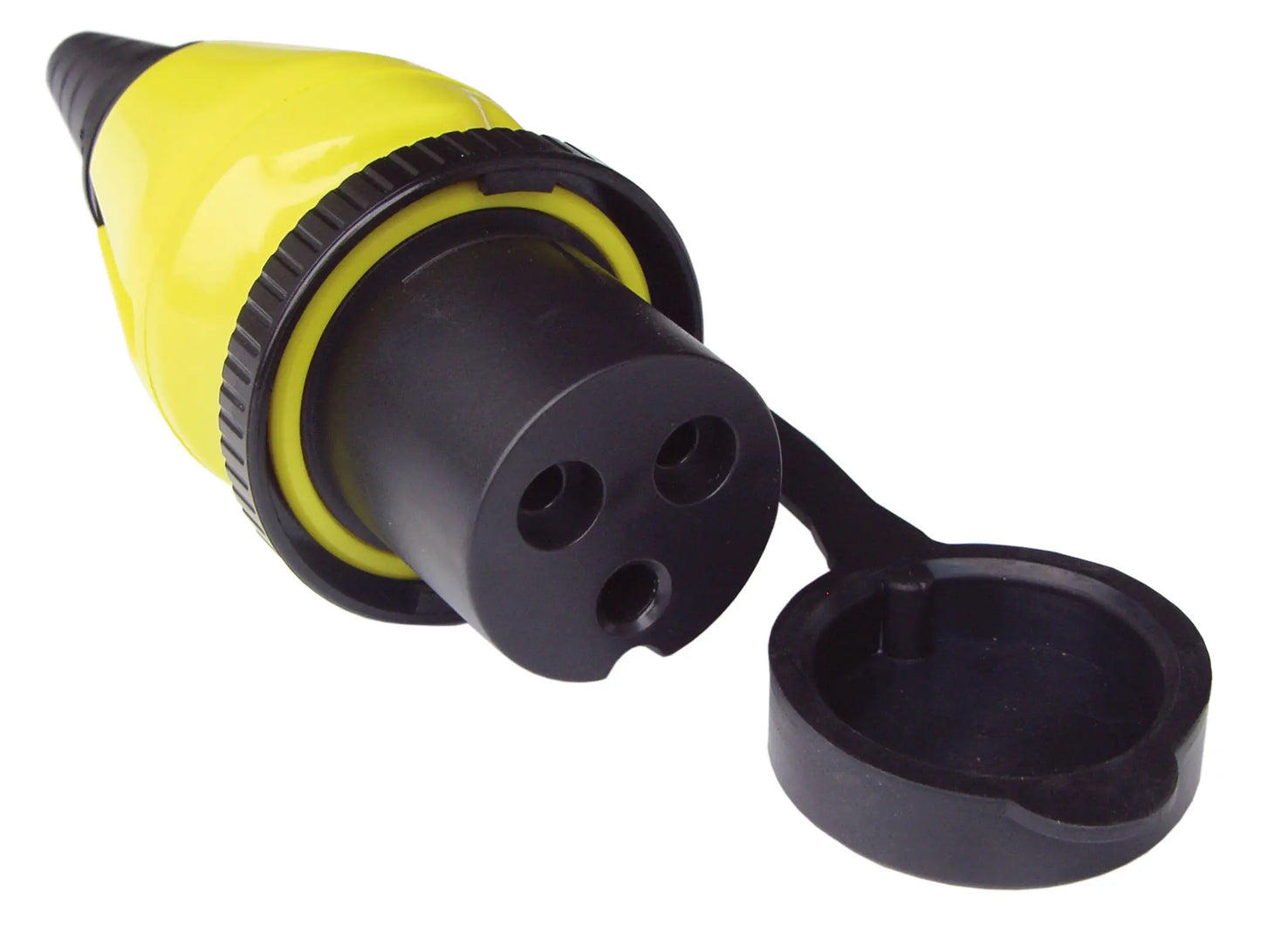 Black and yellow electrical plug on a white background
