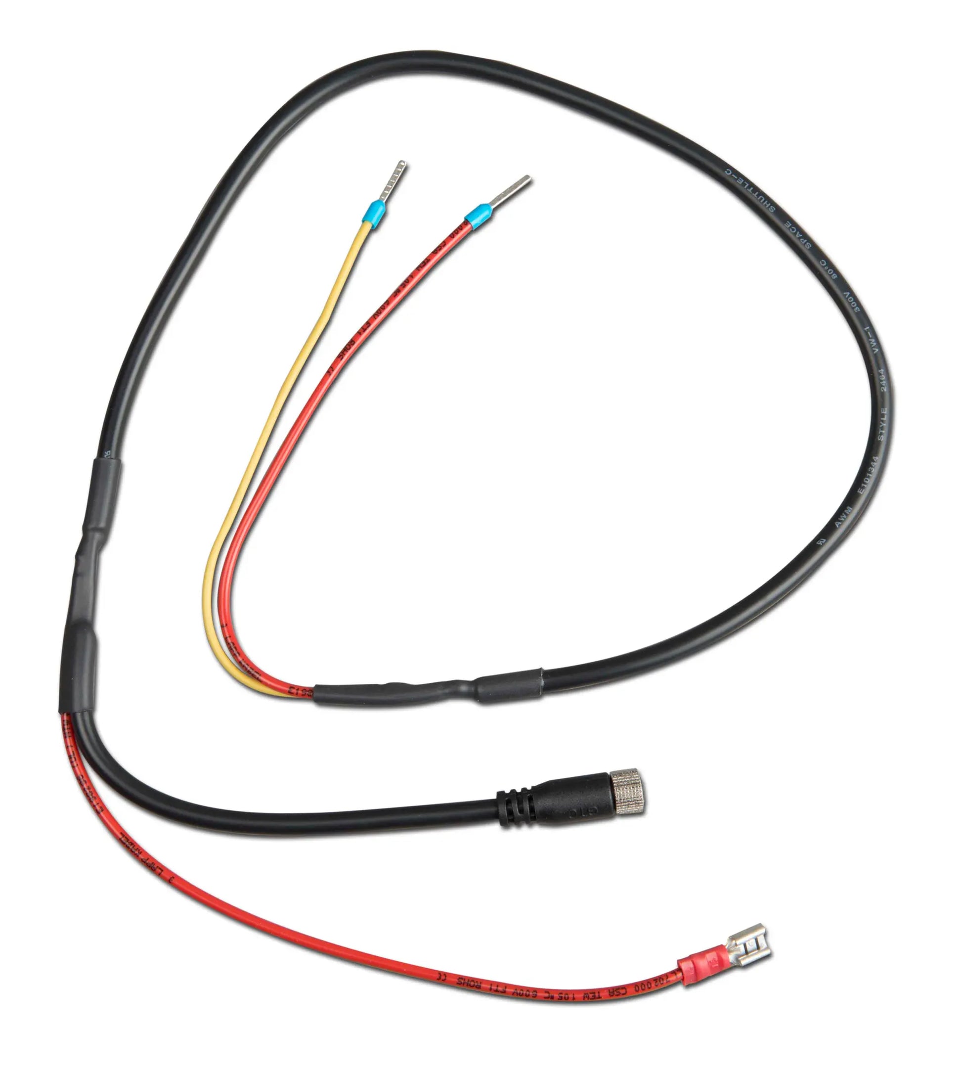 Cable with red, yellow, and black wires on a white background