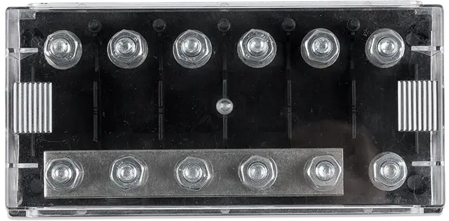 Rectangular electronic component with multiple metallic contacts on a clear background