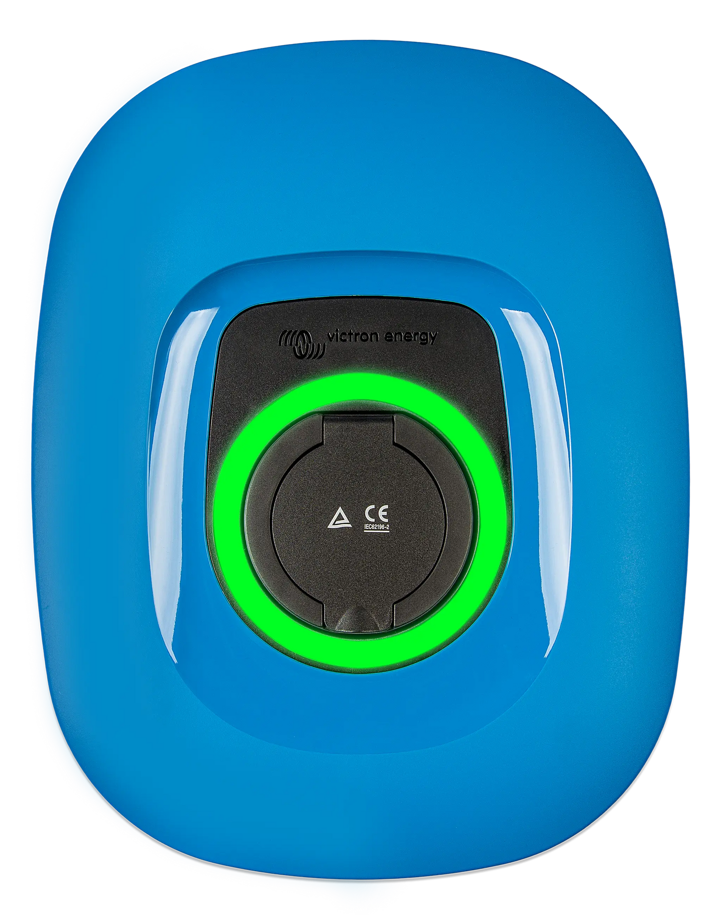 Blue electronic device with a green light on a white background