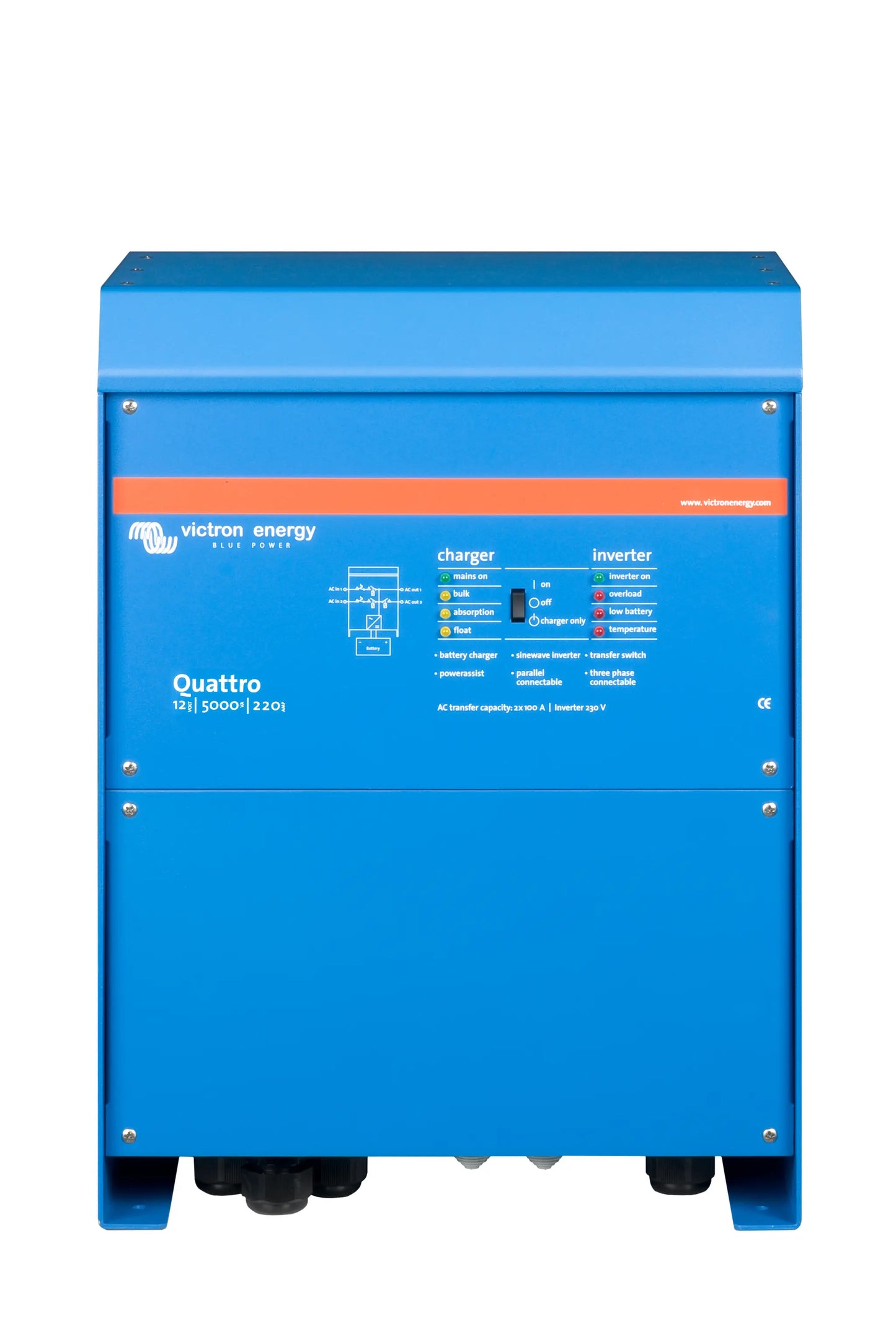 Blue Victron Energy Quattro battery charger and inverter on a white background