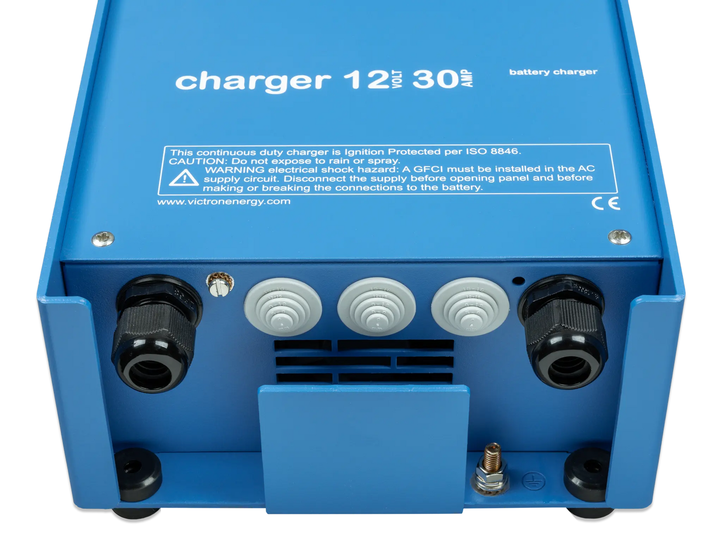Blue battery charger with text and connectors on a white background