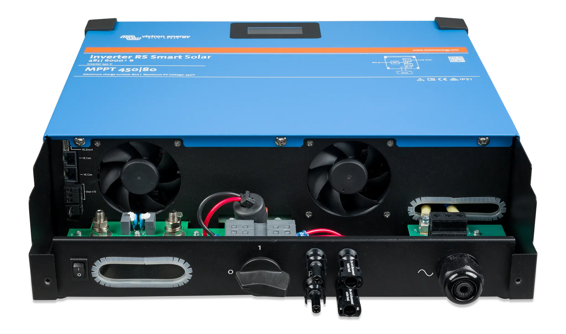 Blue and black power inverter with visible branding on a white background