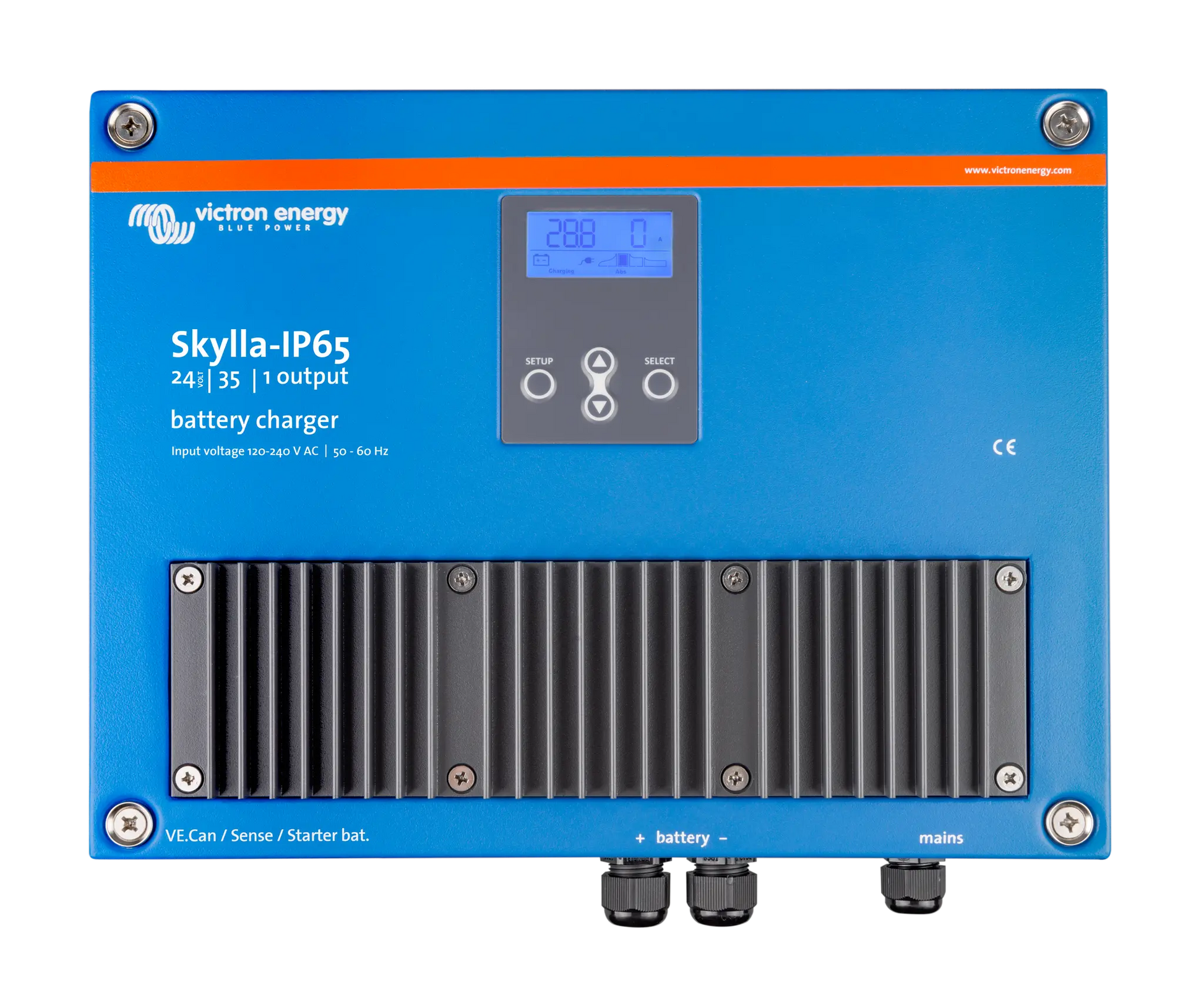 Blue Victron Energy Skylla-IP65 battery charger on a white background