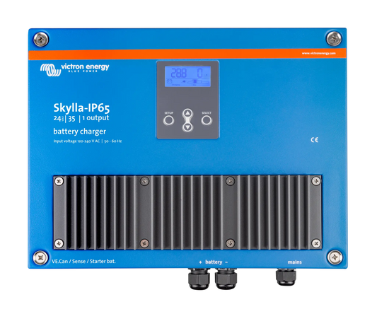 Blue Victron Energy Skylla-IP65 battery charger on a white background