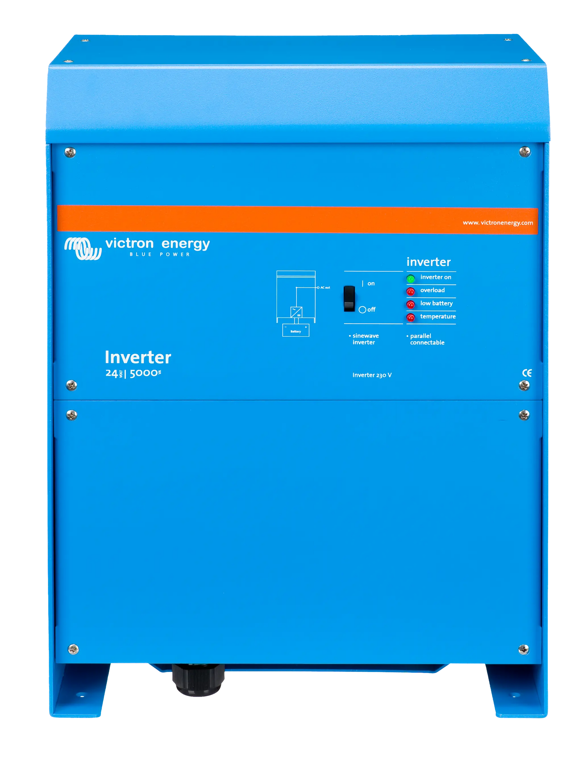Blue Victron Energy inverter on a white background