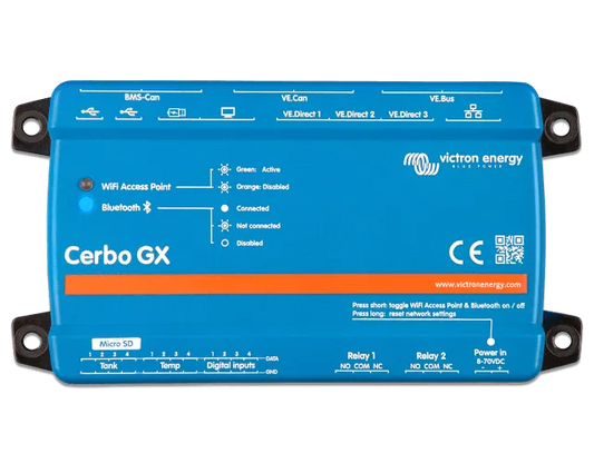 Blue electronic device with 'Victron Energy' branding on a white background