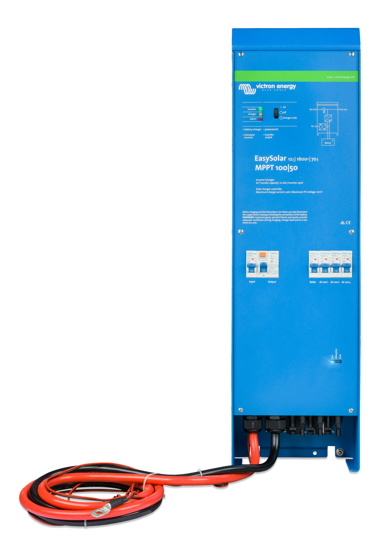 Blue power inverter with red and black cable on a white background