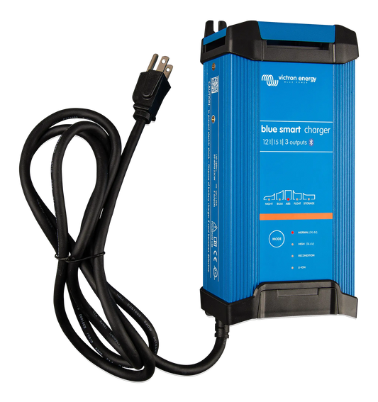 Blue smart charger with power cord on a white background