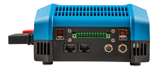 Back view of a blue and black electronic device with connectors on a white background