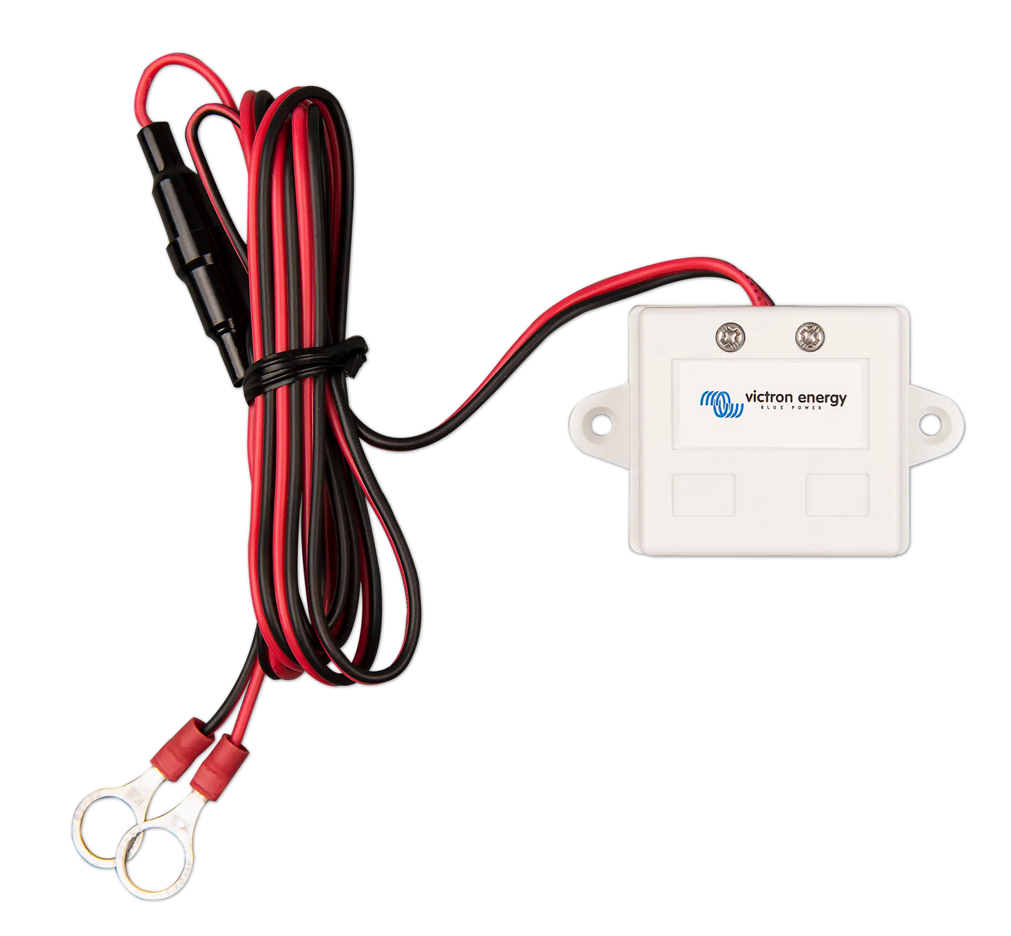 Victron energy power management system with red and black cables on a white background