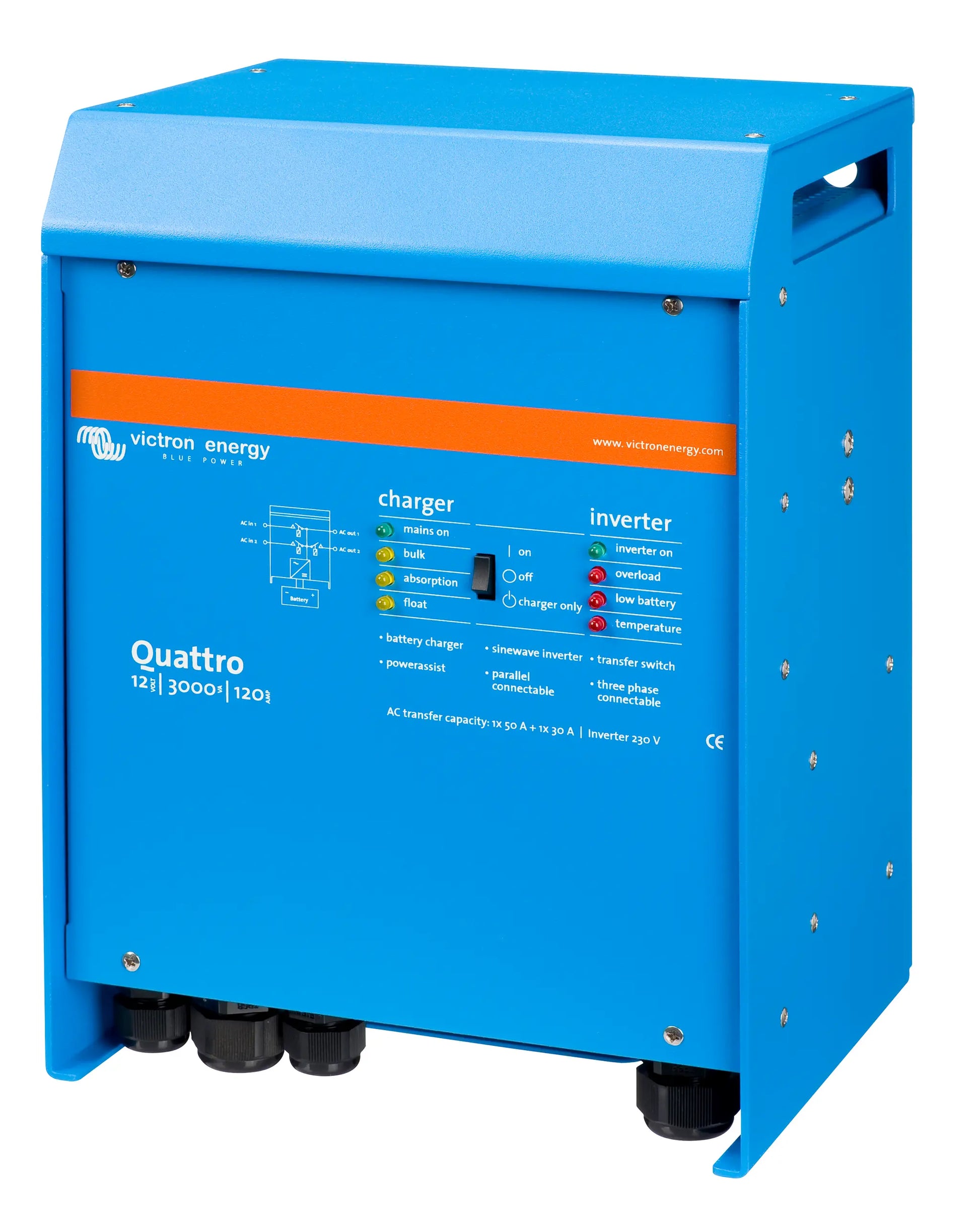 Blue Victron Energy Quattro 12/3000/12 unit on a white background