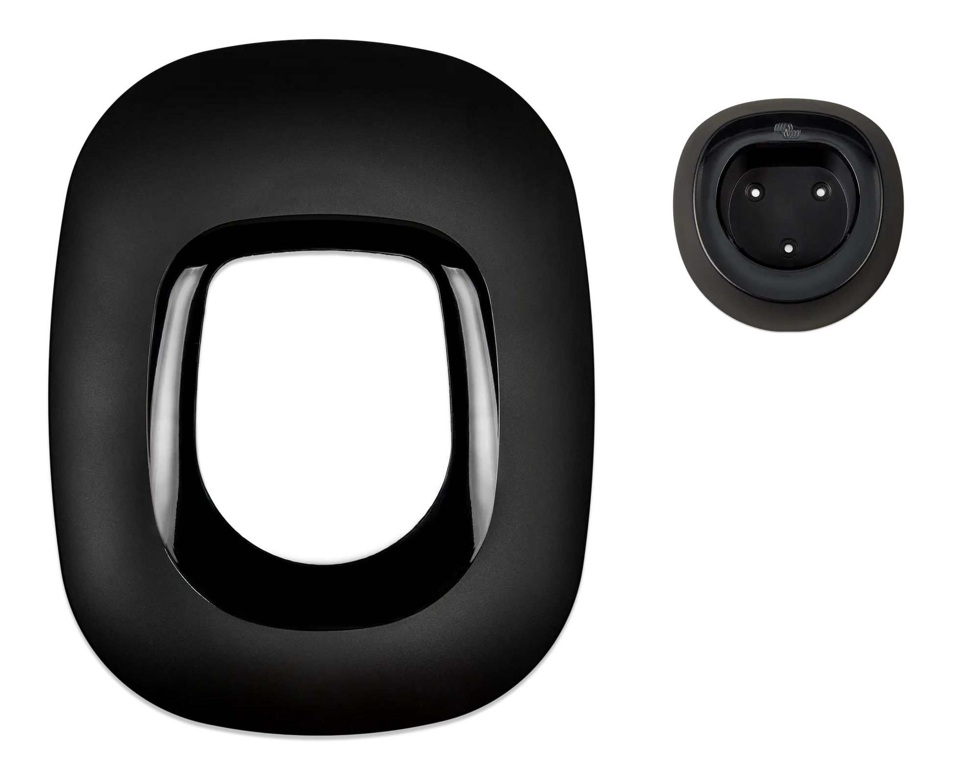 Black airplane window seat cover with a close-up of the seat pocket on a white background