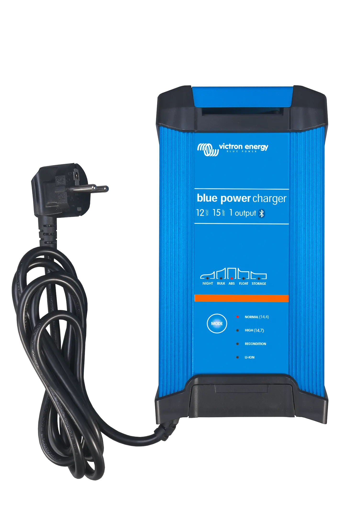 Blue power charger with black cord on a white background