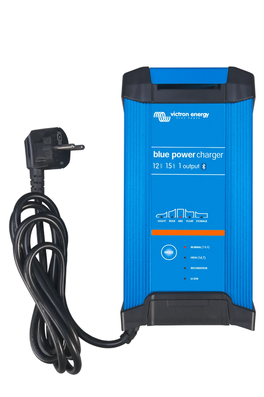 Blue power charger with black cord on a white background