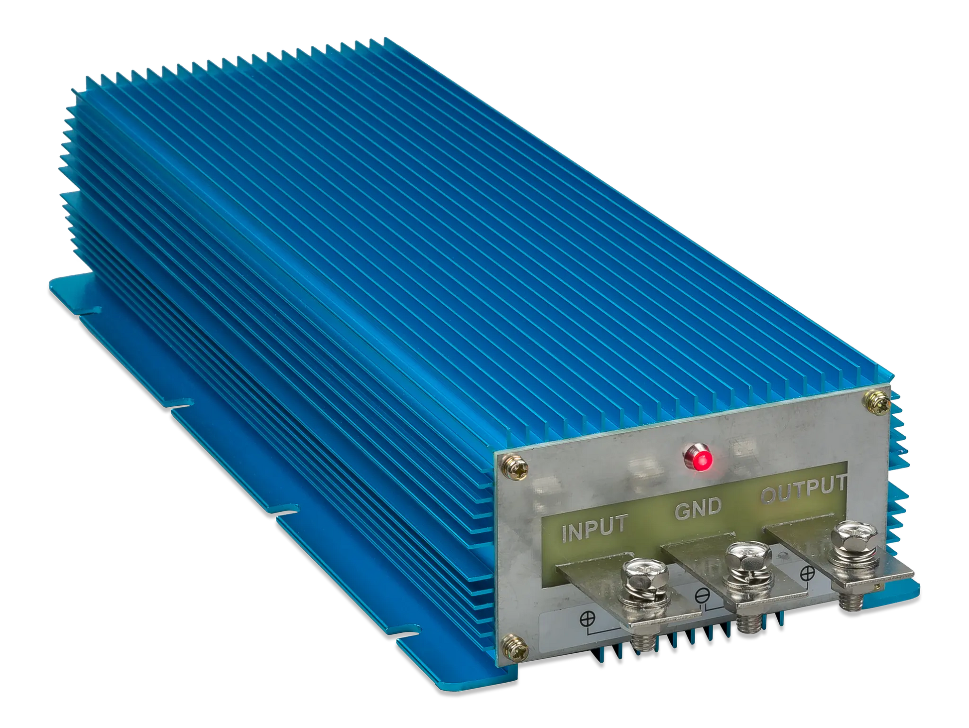 Blue electronic module with input, ground, and output terminals on a white background