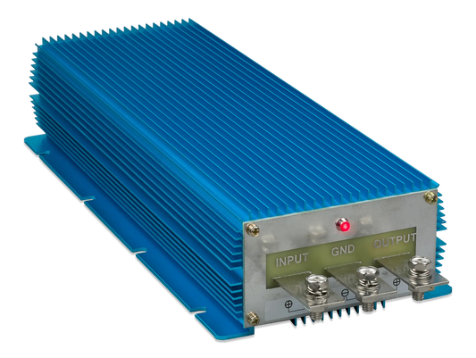 Blue electronic module with input, ground, and output terminals on a white background