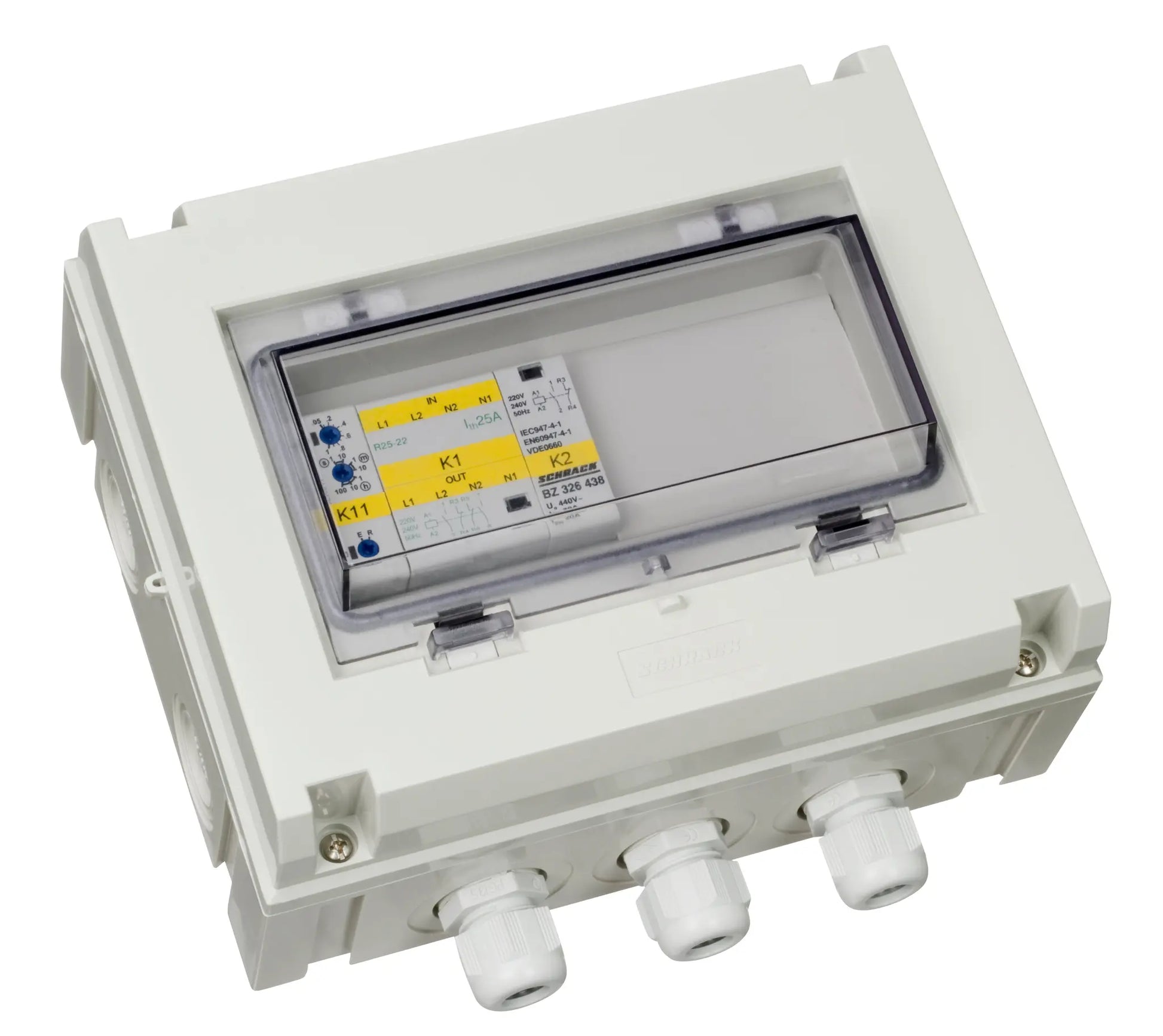 Electrical junction box with connectors on a white background