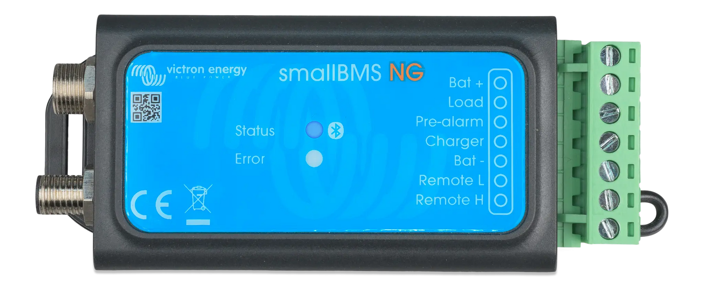 SmallIBMS NG battery management system with blue display on a white background