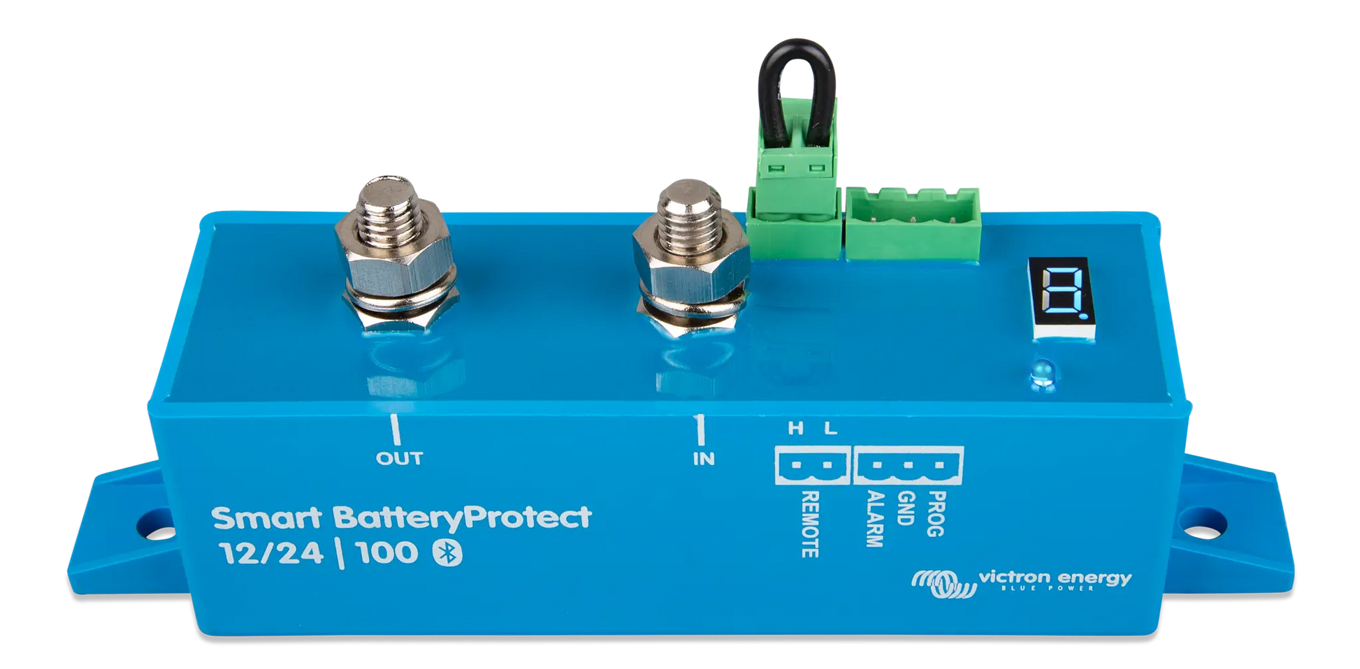 Blue electronic device labeled 'Smart BatteryProtect' on a white background